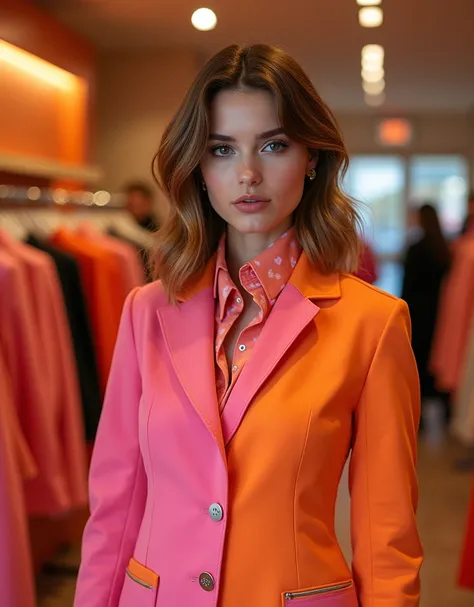 Trendy fashionable outrageous design of branded clothing for women&#39;s store staff, The signature colors to use are pink and carrot, realistic professional photography, model looks haughtily at the viewer close-up, shoulder length portrait photography, H...