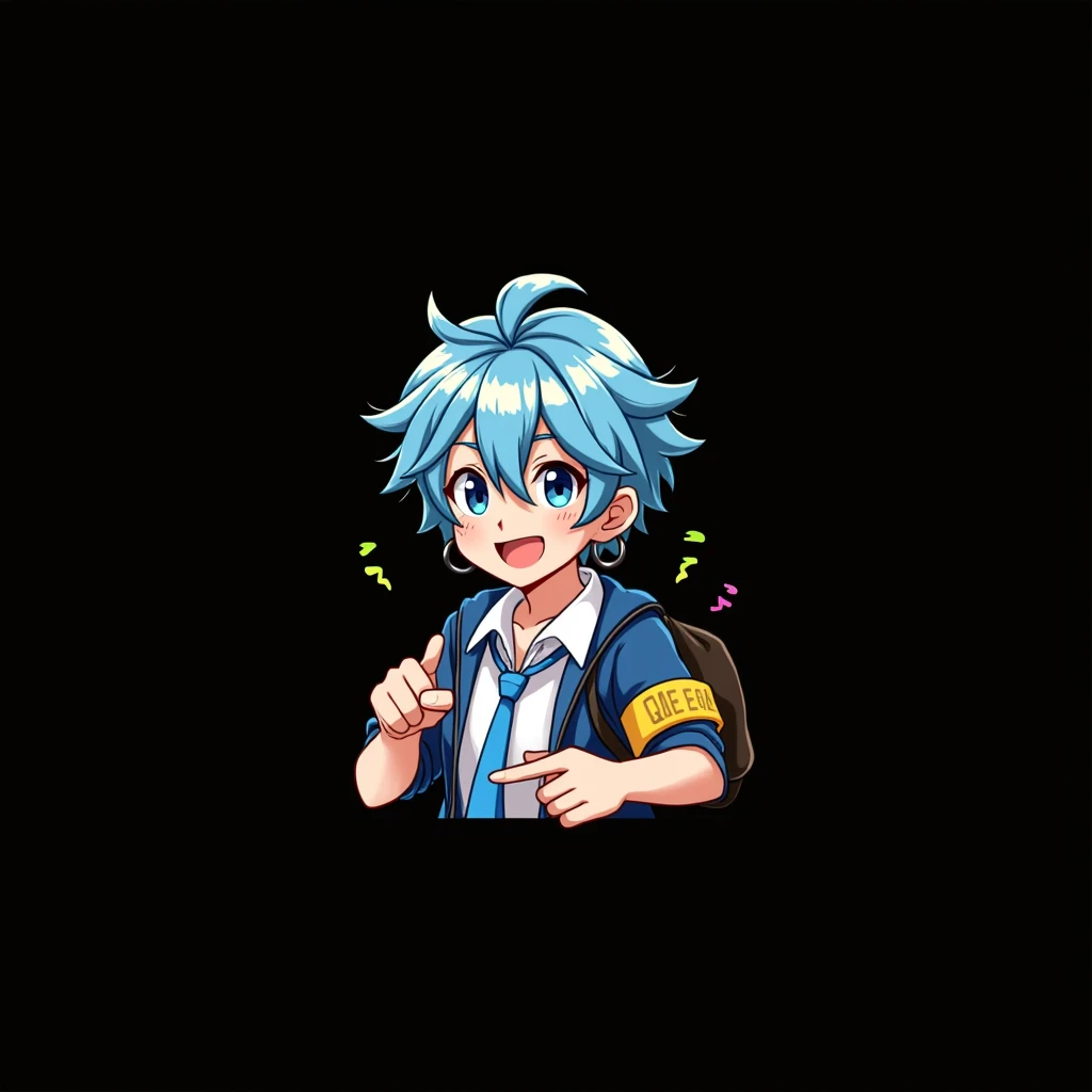 Image character with blue hair, wearing a characteristic black hoop happily making a pointing gesture with his right hand