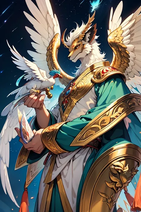 Simurgh: Physical appearance: The Simurgh is usually depicted as a huge bird, with powerful wings and a long, majestic tail peacock feather wings. In some depictions, he has the claws of a lion and the head of a dog, combining traits of various creatures t...