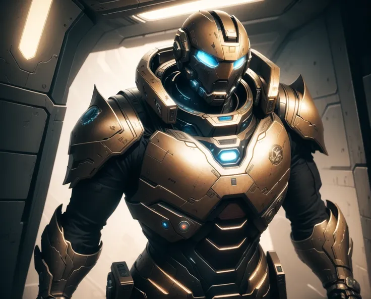 a man in a futuristic space base, wearing a rusty Mark IV halo armor, dramatic chiaroscuro lighting, glowing details, hyper-detailed and intricate armor, photorealistic, cinematic 8k, award-winning, stunning and breathtaking sci-fi scene