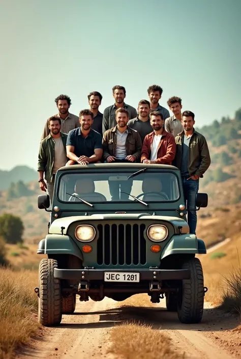 11 mens on the Jeep  are standing in casual dress and jeep standing on the road 