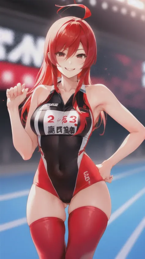 hot pants、Race Queen、Red hair、Long Hair、Hands on hips、Wink with a smile、circuit