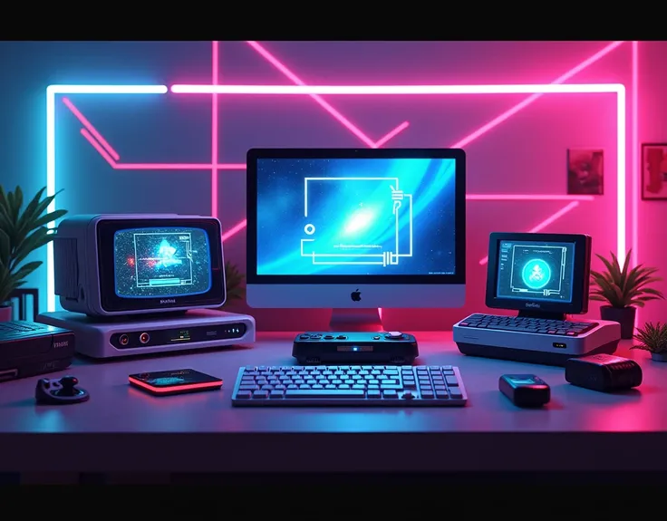 create a game themed image, game news, with neon background, com consoles, joystick, monitor, computer, 8k, Super sharp, super verbose.