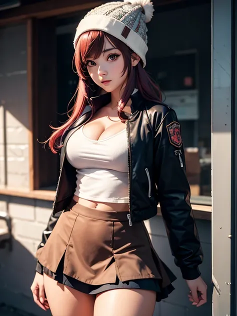 anime girl, layered skirt, cropped jacket, beanie, large breasts, cleavage, ass visible through thighs, colored hair tip, brown eyes, looking at viewer, cinematic angle, incredibly absurdres, high dynamic range, silhouette