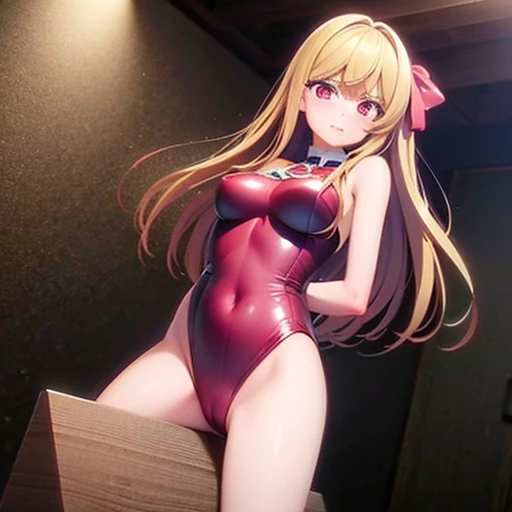 masterpiece, Highest quality, High resolution, Anime art style, Game CG, Backtrack Rich, Rich 1, 1 girl, alone, Long Hair, bangs, Blonde, Red eyes, bow, ribbon, Hair between the eyes, jewelry, hair bow, hair band, leotard,Trojan horse, rubbing the crotch