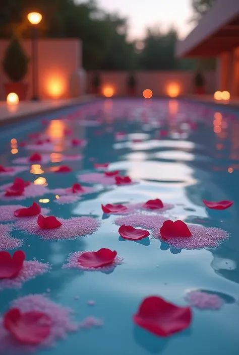 “A romantic swimming pool filled with floating rose petals and pink foam, illuminated by soft, glowing lights, perfect for Valentine’s Day.”