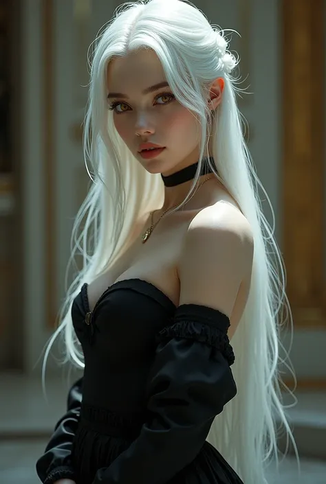 A beautiful and hot woman with very white skin and huge, straight white hair, golden eyes and wears a beautiful black dress, RPG image, whole body, I want the same person in this photo but with a different, more realistic dress. 