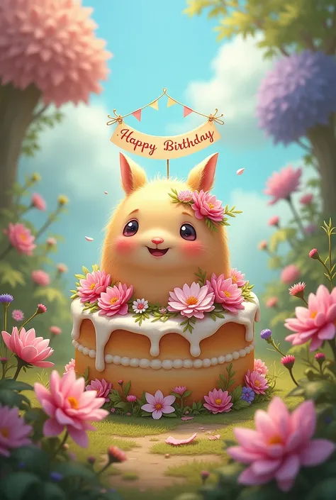 Beautiful, cute birthday cake, flowers with  sentiment wishing words in banner, painting in potrait fantasy animatic style