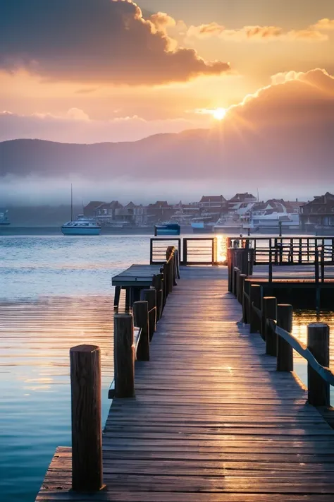 Quiet summer pier, Detailed wooden pier with boats, Seagulls flying overhead, Calm blue sea, Warm Golden Hour Lighting, Structure of the film, masterpiece, 8k, Photorealistic, Dramatic lighting, Vibrant colors, Very detailed, Volumetric Fog, Reflection on ...