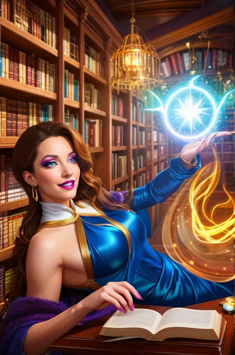 a realistic digital painting of (Beautyandthebeast:1.0), Within the labyrinthine shelves of a vast arcane library, a female human Wizard (photorealistic:1.35) channels her knowledge-based magic. Her face, brightened with (studious, arcane makeup:1.2), exem...