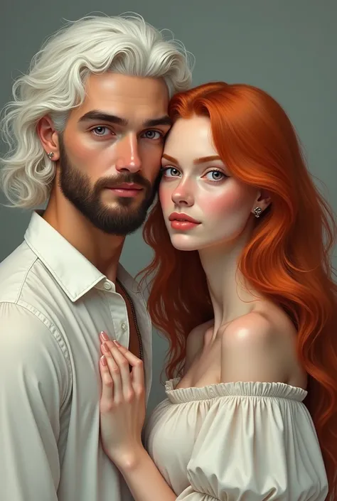 A young man without beard, white long curly hair, with mauve eyes, and a beautiful woman with ginger hair 