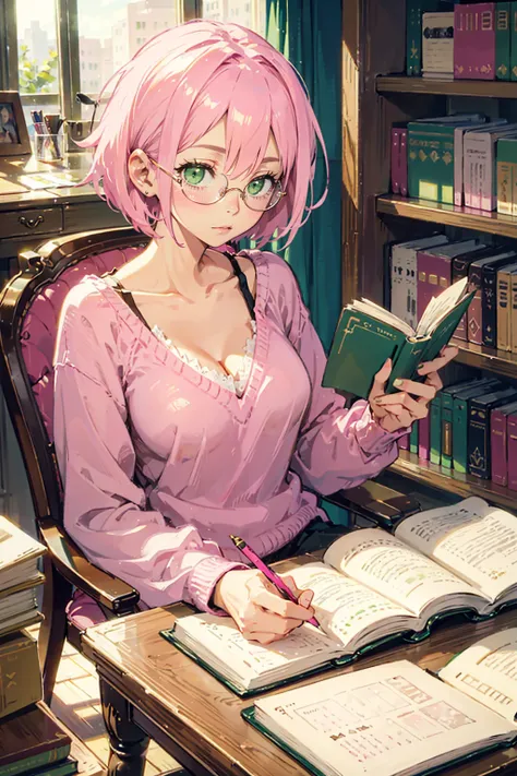 1girl,cute,((glasses,pink short hair,green eyes)),big breast,cleavage,knit wear,read a book,sitting a chair,table,
in library,