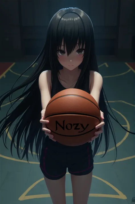 A girl with loaang black hair holding a basket ball with  name written NOZY on the back