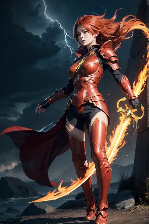 4K anime style quality, digital drawing mode, elemental-themed anime female character, wild electric red hair crackling with energy, fierce golden eyes, wearing dark red armor with lightning motifs, standing with one foot forward, both hands gripping a lig...