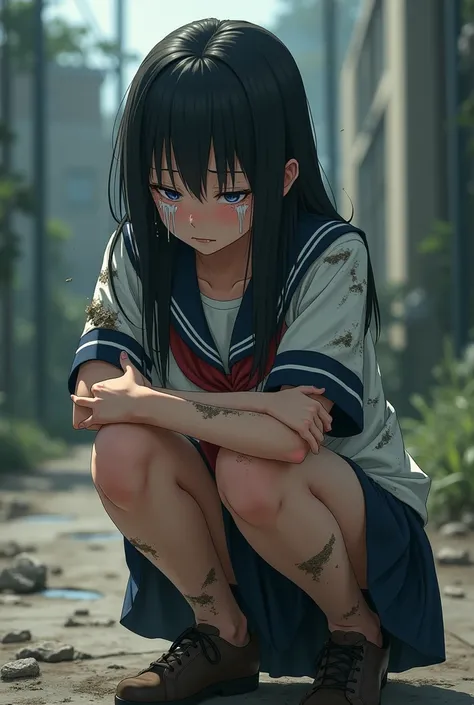 A woman in a sailor suit is squatting in pain while crying.。
Tears flow from his eyes and he has an expression of despair.。
Emphasize the tears so they are easy to see。
Hands are folded behind the head。
Squats: Stand with your feet apart and bend your knee...