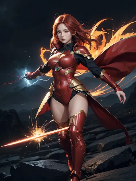 4K anime style quality, digital drawing mode, elemental-themed anime female character, wild electric red hair crackling with energy, fierce golden eyes, wearing dark red armor with lightning motifs, standing with one foot forward, both hands gripping a lig...