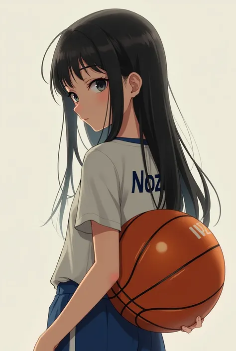 A girl with loaang black hair holding a basket ball with  name written NOZY on her backbone 