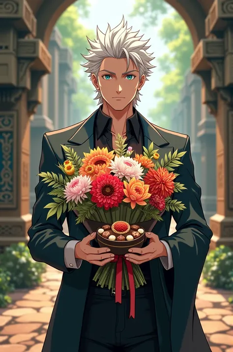 Create an image of Satoru Gojo from jujutsu kaisen with a bouquet of flowers and some chocolates and that is inca 