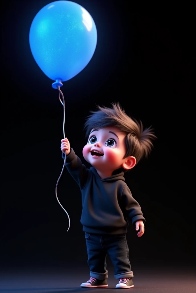 Create an image of a child wearing black clothes and holding a blue balloon and the image is animated and colorful with a black background.