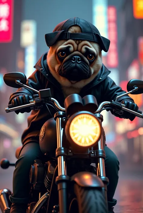 Pug　Rapper　A little evil　Riding on motorcycle　Helmet