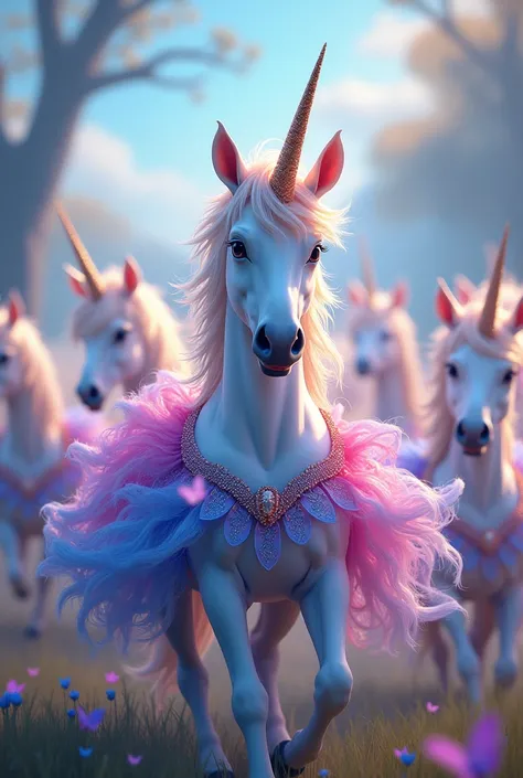 A flock of unicorns with a unicorn in a pink and blue glitter skirt