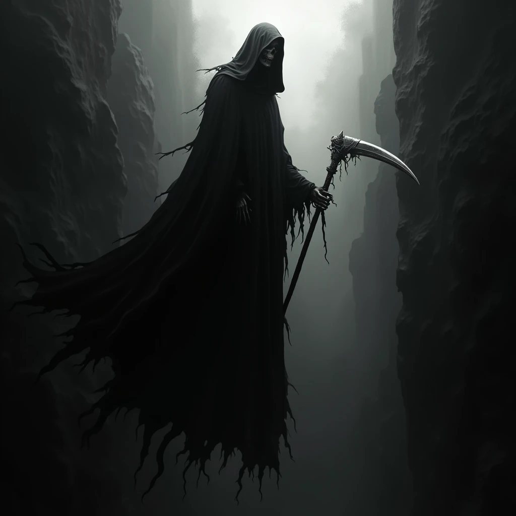 Black Grim Reaper silhouette falling into an abyss