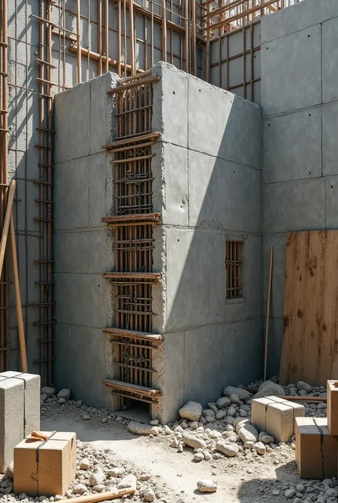 A partially constructed wall having cells filled with steel reinforcement and mortar in a confined masonry or construction site