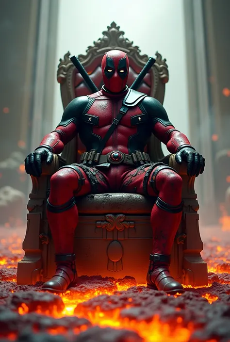 Deadpool sitting on a lava throne,light background, photorealistic, 12k resolution, can,cinematographic, dark fantasy, black suit,guns and swords ,destiny/stay in the background,muscled body,big muscles,torn clothes,blood,bleeding