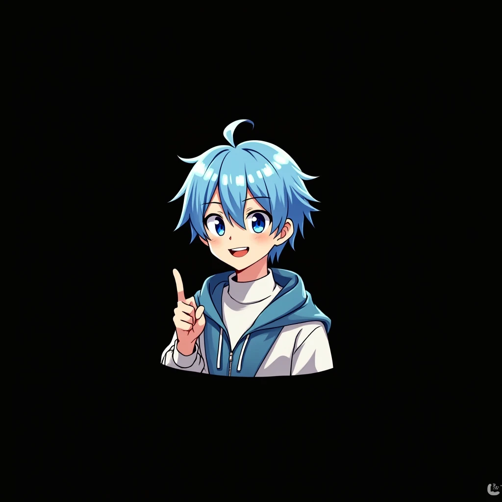 Male character image with blue hair,wearing only a black turtleneck, a happy character, making a pointing gesture with his right hand