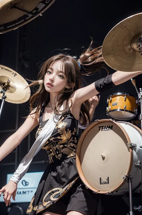 Side view of a woman performing live、brown hair messy hair、Detailed drum set:1.2、((Consists of a bass drum, Floor Tom, tabor, Tom Tom, Hi-hat cymbal, Riding the cymbals, And crash 