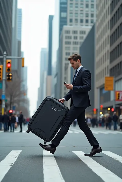 A smart suitcase floating in the air next to a person in a business suit crossing the street with a cell phone in his hands