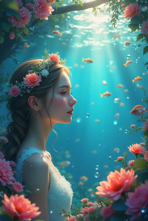 masterpiece, 1 Fairy, A female fairy who lives in the sea, Perfect Face, (The mysterious and happy world of the sea:1.2)、Beautiful flowers are blooming、Lots of colorful fish swimming around、Scattering of sunlight、Countless rainbow-colored bubbles、Light, Gl...