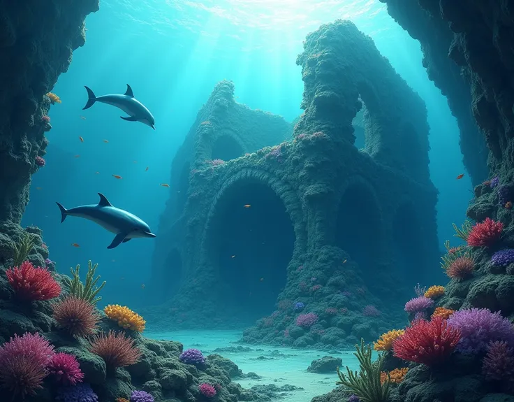 Sunken ruins、Half-destroyed building。Ruins with coral reefs attached to them are submerged on the ocean floor。A large number of schools of tropical and migratory fish swim around freely.。A dramatic angle with the dolphins as the main focus。The light pourin...