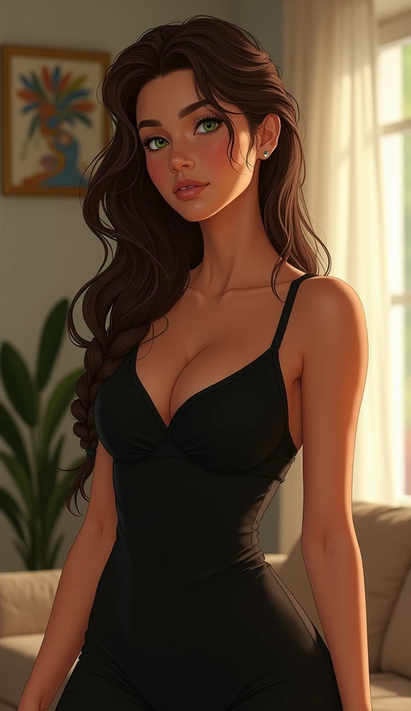 Brazilian woman, 2, height 1,70m, long  hair, wavy and dark brown, usually tied in a side braid.  Light brown skin with a slight golden glow.  
olhos verdes esmeralda, with an attentive and curious look.  looking at side.
Athletic body with a confident and...