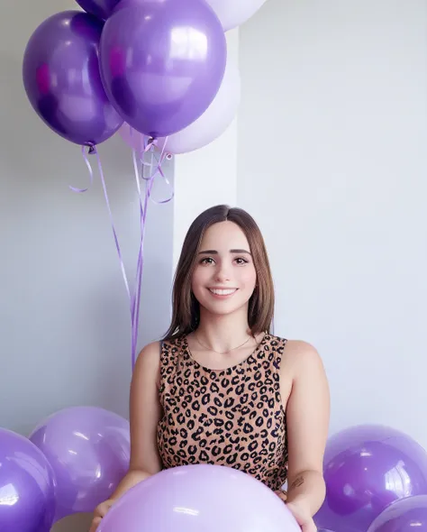 brunette woman holding balloons