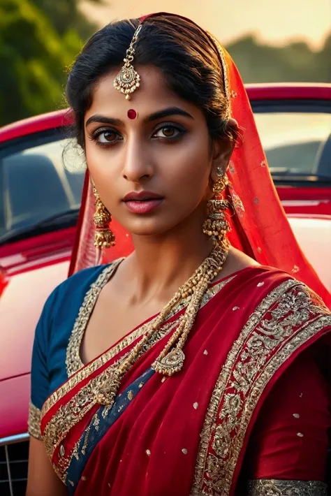 a glamorous indian woman, beautiful detailed eyes, beautiful detailed lips, extremely detailed face and skin, elegant indian woman, 1 girl, sari, in a red sports car, 99 number plate, luxury car, cinematic lighting, HDR, 8K, masterpiece, photorealistic