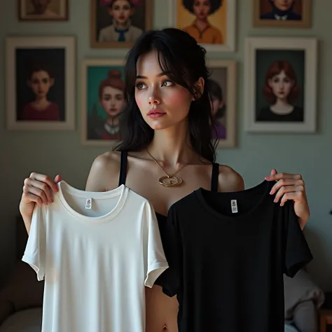 A goth woman in a bra hesitates between 2 t-shirts in front of her bedroom full of famous cartoon reference, dynamic pose,She has a white t-shirt in one hand and a black t-shirt in the other.  Realistic photo, Detailed face and body, Natural light, High re...