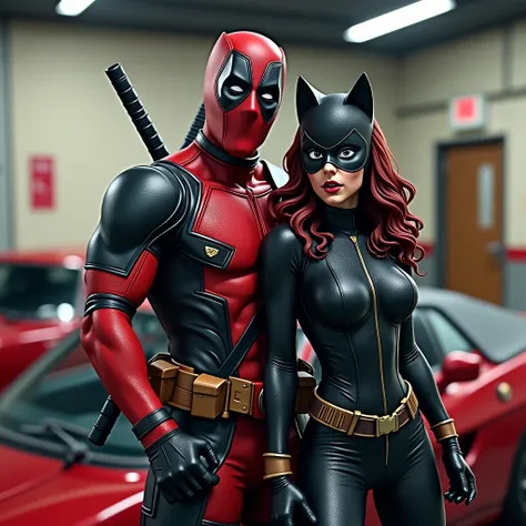 Deadpool dan cat women, surprised expression, mouth open, close up 