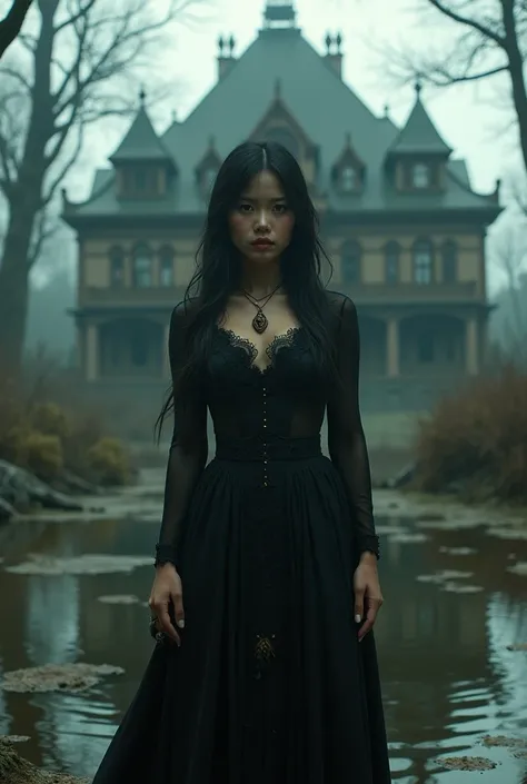 a sinister young woman with very Thai features. Dark brown tanned skinned 1 outside a huge sinister and decaying Victorian mansion in a sinister crocodile swamp. in victorian clothing