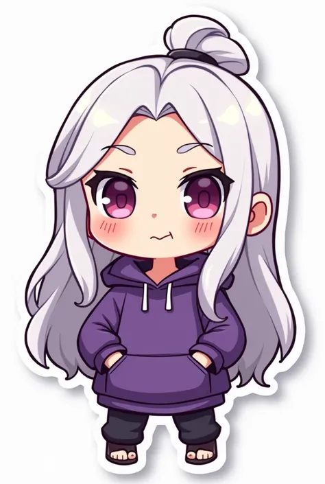 master, chief (twitch emote:1.3), chibi, white long hair, purple hoodie, white background, sticker,