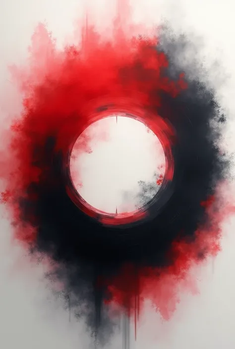 Red and black logo with white smoke ,all very blurred and blurry , with a large, circular blank space in the middle 