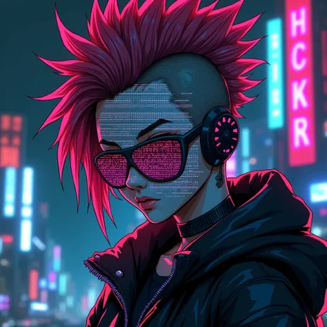 a close-up of an anime character with a mohawk hairstyle, wearing DDOS ATTACK accessories, her face partially glitched and distorted showing binary code and pixelated patterns, dark cityscape with neon lights and hacker symbols in the background, cinematic...