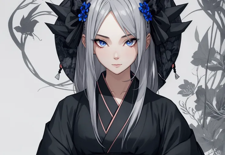 7 heads tall, gray hair , Black kimono , Blue eyes, 1 person