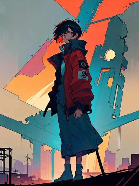 "Create a scene in the style of 90s anime, set in a post-apocalyptic dystopian world. The background features crumbling buildings, empty streets, and a dense fog that shrouds the horizon, evoking a somber and melancholic tone. The protagonist stands at the...