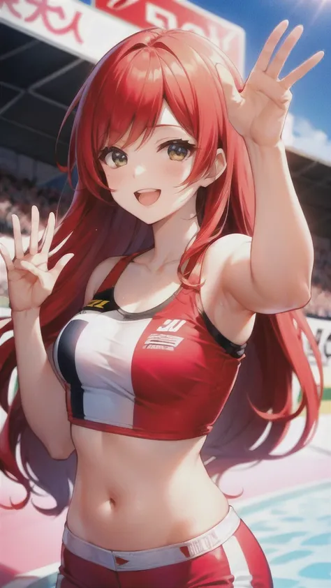 hot pants、Race Queen、Red hair、Long Hair、Raising both hands and waving、Wink with a smile、circuit、Banzai pose