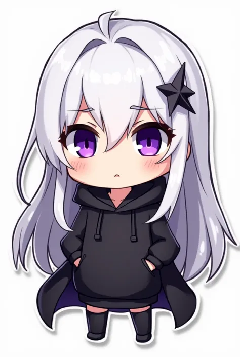 master, chief (twitch emote:1.3), chibi, white long hair, black hoodie, white background, sticker, purple eyes