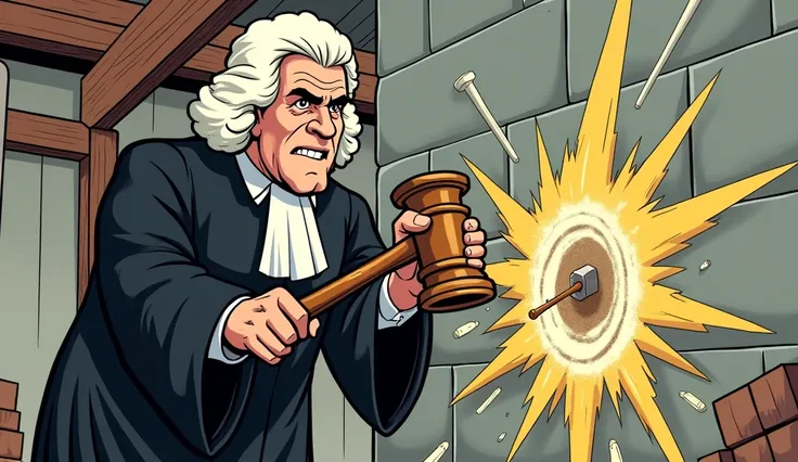 Comic image of a judge dressed in his robe hammering a nail into a construction wall with his hammer.