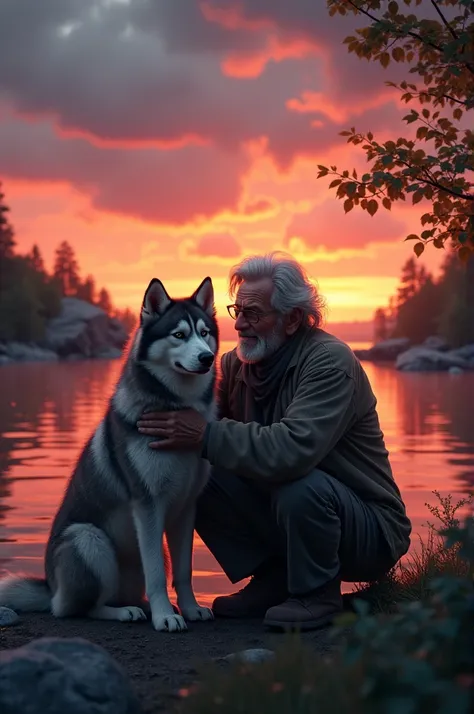 An old man with a husky dog together on the shore of a lake in front of a sunset 