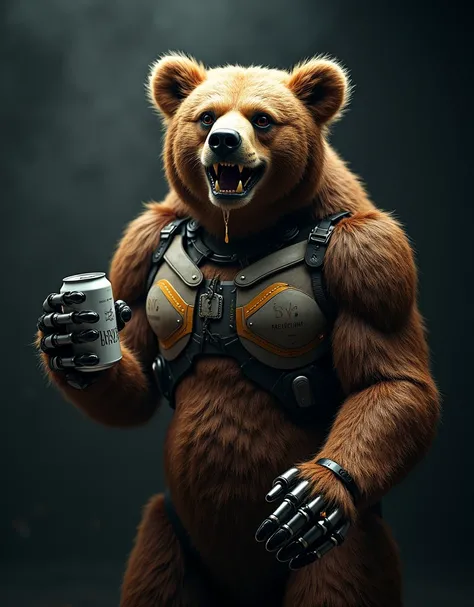 photorealistic photography , hairy bear, half body like a robot, drool drips from teeth, holds an aluminum juice can in his paw, dark background, Backlight, professional photo advertising
