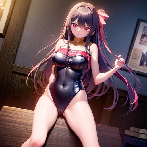 masterpiece, Highest quality, High resolution, Anime art style, Game CG, Backtrack Rich, Rich 1, 1 girl, alone, Long Hair, bangs, Red eyes, bow, ribbon, Hair between the eyes, jewelry, hair bow, hair band, leotard,Trojan horse, rubbing the crotch